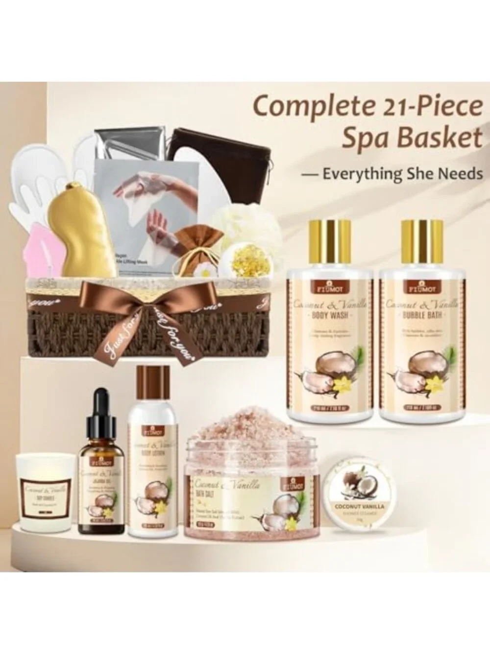 Luxury Spa Gift Basket Set for Women - 21-Piece Coconut Vanilla Self-Care Kit